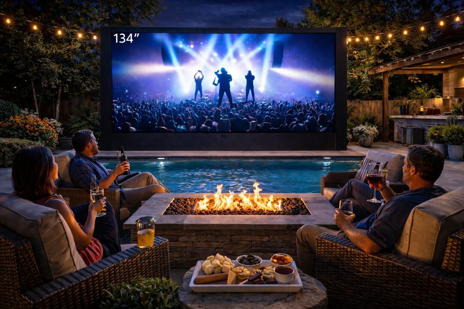 A completed BackYardLED installation hosting a backyard movie night