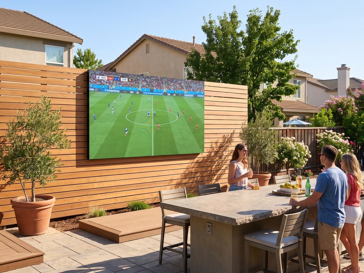 A completed BackYardLEDTV installation: a frameless LED wall mounted flush on a backyard fence, readable in full afternoon sun