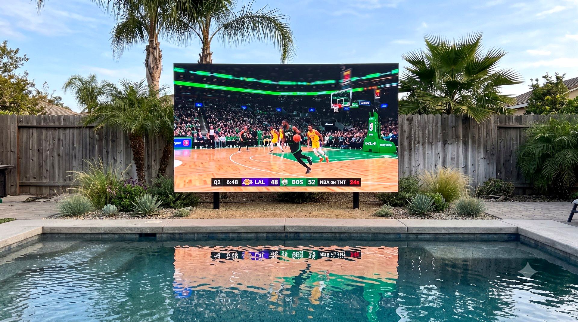 A frameless BackYardLEDTV wall standing on two slim black posts at the edge of a backyard pool, the picture sitting about a foot off a gravel planting bed with no braces and no legs